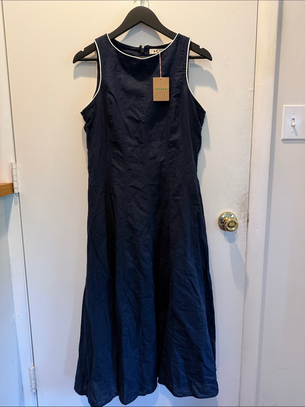 Boden Navy Sleeveless Midi Dress fit and flare with White Trim